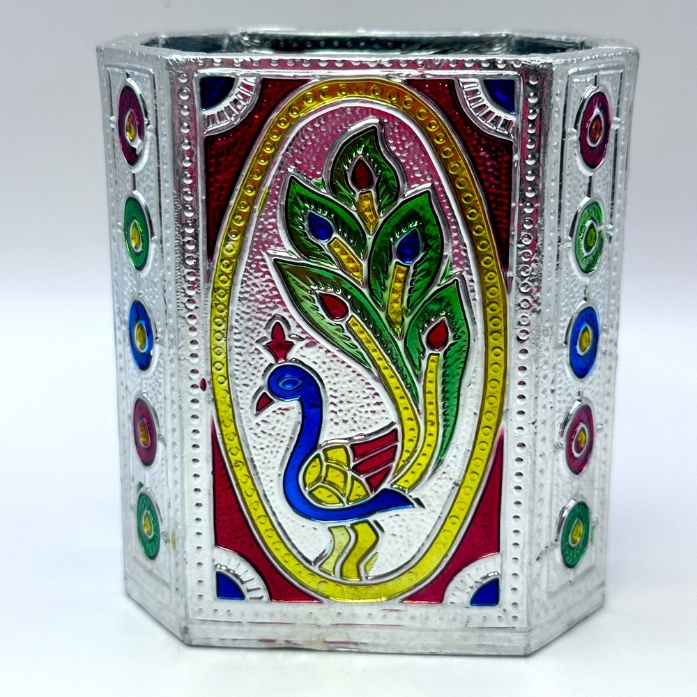 Stainless Steel Octagonal Meenakari Peacock Design Decorative Tumbler Pen Holder